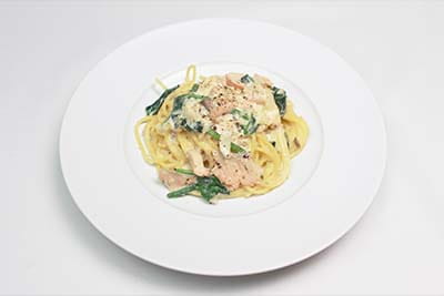 Miso Cream Pasta with Salmon and Baby Spinach